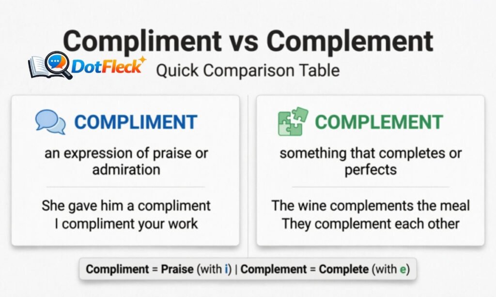 Compliment vs Complement Quick Comparison Table